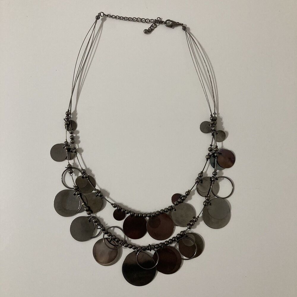Wire Disc Round Circle Ringlet Chrome Bead Statement Bib Necklace Adjustable